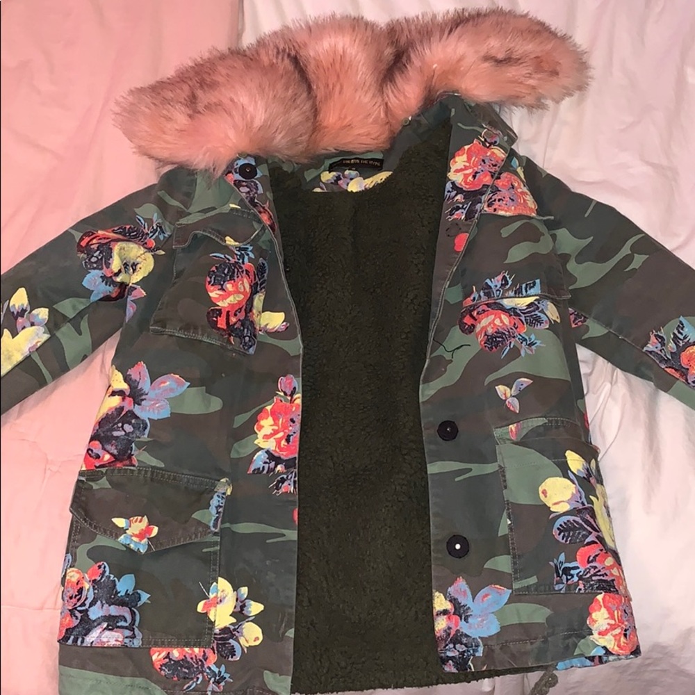 Don’t Believe the Hype, camo/floral/fur coat